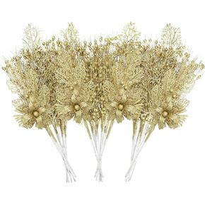 28 Pack Gold Christmas Tree Ornaments Artificial Flowers Glitter Berry Stem Branches Christmas Tree Picks Twigs Sprays Xmas Tree Decorations for Vase Filler Wreath Holiday Wedding Party Decor