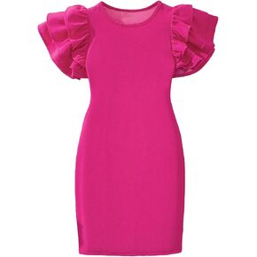 SweatyRocks Girl's Short Sleeve Ruffle Dress Crew Neck Party Bodycon Dresses