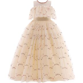 Weileenice Flower Girl Sequin Tulle Dress Off Shoulder Beads Princess Wedding Holiday Kids Pageant Party Fancy Dresses