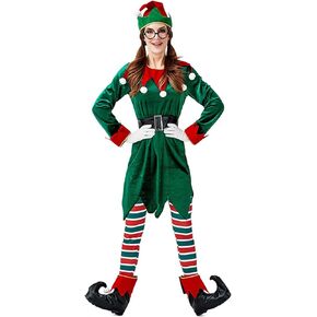 GRAJTCIN Womens Christmas Green Elf Costume, 7 Pcs Holiday Santa's Helper Cosplay