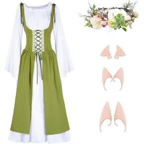 Renaissance Dresses Medieval Costume with Elf Ears Flower Crown, Halloween Costume Perfect for Parties, and Carnivals