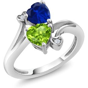 Gem Stone King 925 Sterling Silver Blue Created Sapphire Green Peridot Ring For Women (1.66 Cttw, Heart Shape 6MM, Gemstone September Birthstone, Available In Size 5, 6, 7, 8, 9)