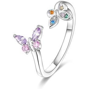 925 Sterling Silver Ring Open End Ring Carved Ring Colorful Zirconia Ring Flower Feather Bossy Ring Sterling Silver Adjustable Ring