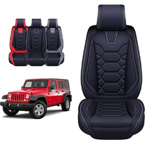 OASIS AUTO 2007-2017 Wrangler JK 4-Door Leather Seat Covers Custom Fit Accessories Cover Protector Cushion Unlimited X Rubicon Sahara (Full Set, Black&Red)