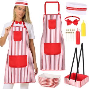 Adult Waiter Costume Kits Popcorn Hot Dog Costume Soda Jerk Apron Hat for 1950s Movie Night Carnivals Halloween