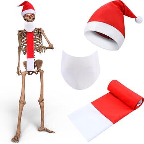 3 Pcs 12 ft Skeleton Clothes Accessories Skeleton Santa Hat and Scarf Beard Set 12 ft Christmas Skeleton Costume Set Red