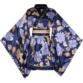 Women's Japanese Traditional Short Kimono Costume Floral Sexy Geisha Bathrobe Sleepwear Robe Belt Outfit
