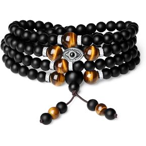 COAI 6mm Matte Onyx Tiger Eye Evil Eye Beaded 108 Mala Beads Wrap Bracelet Prayer Necklace