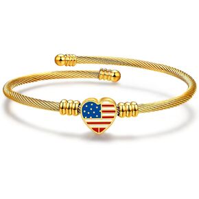 Jude Jewelers Stainless Steel Heart Charm Cable Wire Style USA Flag Independence Day Bangle Bracelet