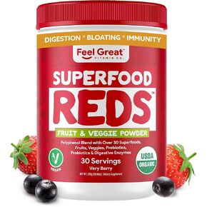 ​Feel Great Organic Superfood Reds Powder Packed with Beet Root Powder | Digestive Support Including Bloating Relief | Fruit and Veggie Polyphenols Supplement.