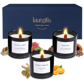 Box of Scented Candles for Men - Aromatherapy Candle Set of 3 Scented Soy Candles with Tobacco, Clean Linen & Cedar Vanilla Scents - Masculine Candle Pack for Men - Mens Candle in Navy Box