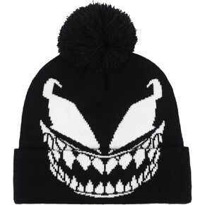 Marvel Venom Beanie Hat, Intarsia Winter Knit Cap with Cuff and Pom, Face Design, Black, One Size