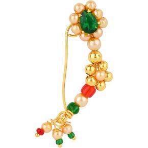 I Jewels Gold Plated Indian Wedding Bollywood Non Piercing White Pearl Nath Clip-On Nose Pin for Women