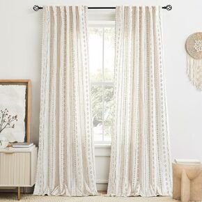 Natural Linen Boho Curtains 84 inches Long for Living Room Gold and Beige Stripe Geometric Pattern Light Filtering Curtains Western Bohomian Drapes Cream Rustic Farmhouse Home Decor Back Tab 2 Panels