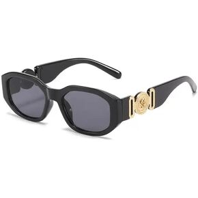Small Square Frame Sunglasses | Trendy Shades Glasses Custom Sunglasses Logo | Sunglasses with Gold Emblem on the Side | Fashion Sunglasses UV 400 Protection Square Frame - Black