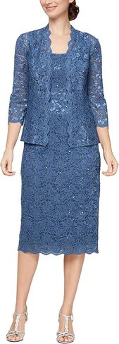 S.L. Fashions Women's Tea Length Sequin Lace Mother of The Bride Dress with Illusion Sleeve Jacket in Kuwait