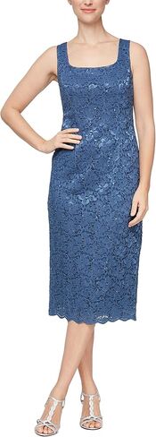 S.L. Fashions Women's Tea Length Sequin Lace Mother of The Bride Dress with Illusion Sleeve Jacket in Kuwait