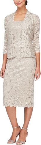 S.L. Fashions Women's Tea Length Sequin Lace Mother of The Bride Dress with Illusion Sleeve Jacket in Kuwait
