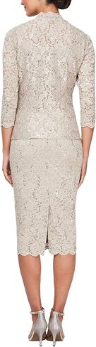 S.L. Fashions Women's Tea Length Sequin Lace Mother of The Bride Dress with Illusion Sleeve Jacket in Kuwait