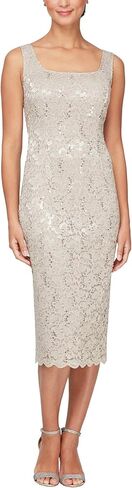 S.L. Fashions Women's Tea Length Sequin Lace Mother of The Bride Dress with Illusion Sleeve Jacket in Kuwait