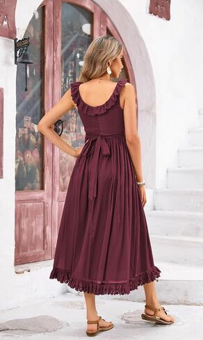 R.Vivimos Womens Summer Cotton Sleeveless Midi Dresses Vintage Lace Trim Button Up Tie Waist Casual A-Line Flowy Long Dresses in Kuwait