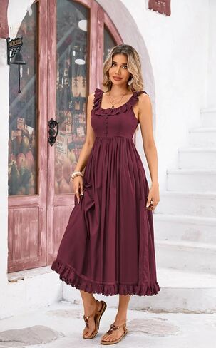 R.Vivimos Womens Summer Cotton Sleeveless Midi Dresses Vintage Lace Trim Button Up Tie Waist Casual A-Line Flowy Long Dresses in Kuwait