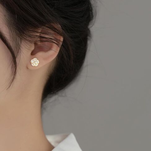 Reffeer Solid 925 Sterling Silver Camellia Flower Stud Earrings for Women Teens Flower Stud Earrings Pearl Studs in Kuwait