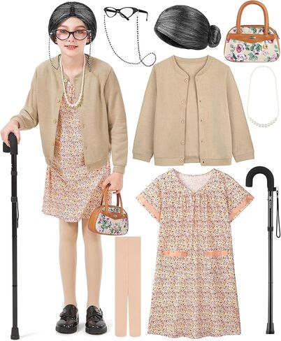 8 Pieces Old Lady Costume for Girls, 100 Days of School Costume for Kids Grandma Wig Granny Dress Cosplay Outifits in Kuwait