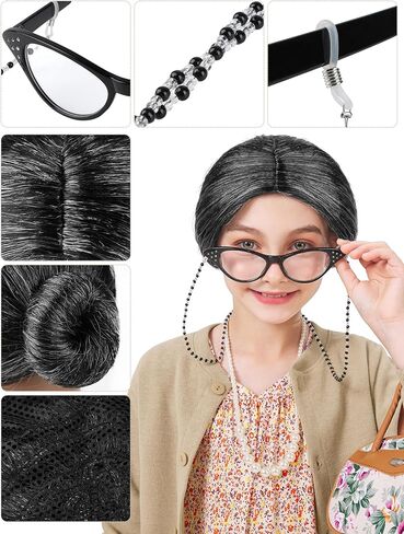 8 Pieces Old Lady Costume for Girls, 100 Days of School Costume for Kids Grandma Wig Granny Dress Cosplay Outifits in Kuwait