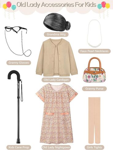 8 Pieces Old Lady Costume for Girls, 100 Days of School Costume for Kids Grandma Wig Granny Dress Cosplay Outifits in Kuwait