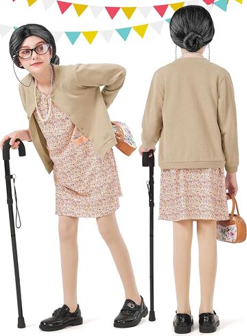 8 Pieces Old Lady Costume for Girls, 100 Days of School Costume for Kids Grandma Wig Granny Dress Cosplay Outifits in Kuwait
