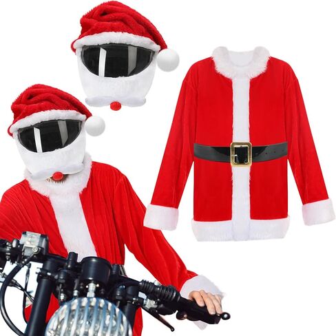 Suhine 2 جهاز كمبيوتر شخصى عيد الميلاد دراجة نارية غطاء خوذة وسانتا زي للرجال، المهد غطاء خوذة معطف سانتا كلوز الأحمر مع حزام أسود قبعة عيد الميلاد اكسسوارات الديكور لركوب الخيل متعة الهدايا لوازم الحفلات in Kuwait