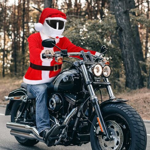 Suhine 2 جهاز كمبيوتر شخصى عيد الميلاد دراجة نارية غطاء خوذة وسانتا زي للرجال، المهد غطاء خوذة معطف سانتا كلوز الأحمر مع حزام أسود قبعة عيد الميلاد اكسسوارات الديكور لركوب الخيل متعة الهدايا لوازم الحفلات in Kuwait