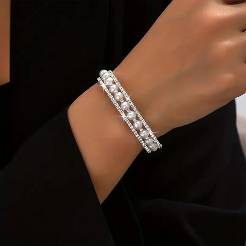 أساور اللؤلؤ للنساء أساور قابلة للتكديس أساور من اللؤلؤ والذهب مجوهرات اللؤلؤ هدية للنساء والفتيات المراهقات in Kuwait