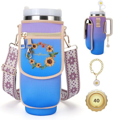 حقيبة حامل زجاجات المياه مع جيب للهاتف من أجل ستانلي 40 أونصة، حقيبة حامل الأكواب مع حزام كتف قابل للتعديل وإكسسوارات الأكواب للمشي لمسافات طويلة والتخييم والصيد والسفر (بينك-مشمش) in Kuwait