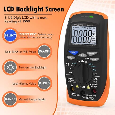 BTMETER BT-42B TRMS 6000 Count Digital Multimeter, Push Button Design, Auto-Ranging Ohm Volt Amp Cap Hz Diode Voltage Temp Continuity Tester Meter with Backlit LCD in Saudi Arabia