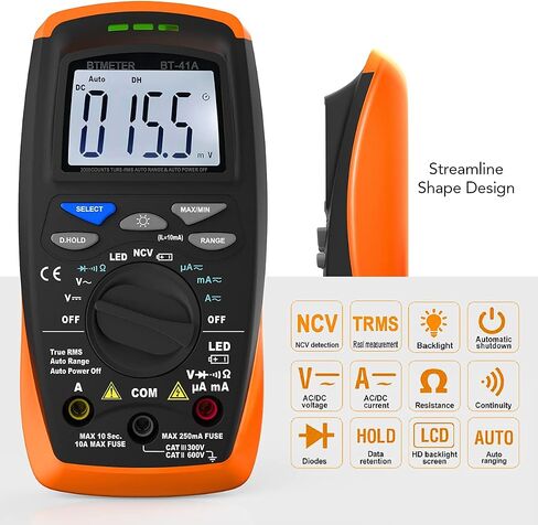 BTMETER BT-42B TRMS 6000 Count Digital Multimeter, Push Button Design, Auto-Ranging Ohm Volt Amp Cap Hz Diode Voltage Temp Continuity Tester Meter with Backlit LCD in Saudi Arabia