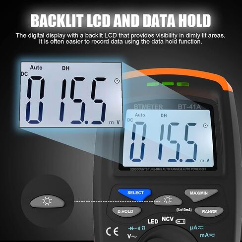 BTMETER BT-42B TRMS 6000 Count Digital Multimeter, Push Button Design, Auto-Ranging Ohm Volt Amp Cap Hz Diode Voltage Temp Continuity Tester Meter with Backlit LCD in Saudi Arabia