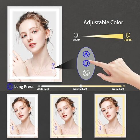 LED Bathroom Mirror, 36x28 inch Frontlit Bathroom Vanity Mirrors with Lights, Mirrors for Wall with Smart Touch Button, 3 Colors, Anti-Fog, Memory, Stepless Dimmable Makeup Mirror in Saudi Arabia