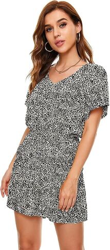 Women's Polka Dot Leopard Jumpsuits Solid Color V-Neck Floral Printed Flutter Sleeve Pocket Romper in Saudi Arabia