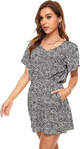 Women's Polka Dot Leopard Jumpsuits Solid Color V-Neck Floral Printed Flutter Sleeve Pocket Romper in Saudi Arabia
