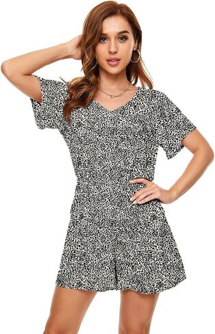 Women's Polka Dot Leopard Jumpsuits Solid Color V-Neck Floral Printed Flutter Sleeve Pocket Romper in Saudi Arabia