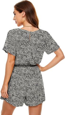 Women's Polka Dot Leopard Jumpsuits Solid Color V-Neck Floral Printed Flutter Sleeve Pocket Romper in Saudi Arabia