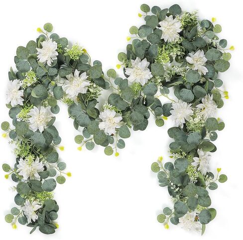 Dremisland Eucalyptus Garland with Flowers 2 Pack 12Ft Fake Flower Garland with White Dahlia Silk Floral Greenery Garland Wedding Decor Party Table Arch Garden Home Decoration (White, 2PCS) in Kuwait