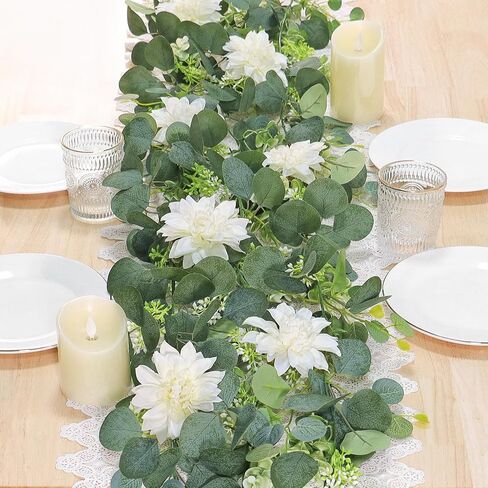 Dremisland Eucalyptus Garland with Flowers 2 Pack 12Ft Fake Flower Garland with White Dahlia Silk Floral Greenery Garland Wedding Decor Party Table Arch Garden Home Decoration (White, 2PCS) in Kuwait