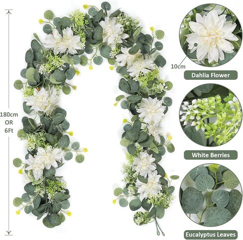 Dremisland Eucalyptus Garland with Flowers 2 Pack 12Ft Fake Flower Garland with White Dahlia Silk Floral Greenery Garland Wedding Decor Party Table Arch Garden Home Decoration (White, 2PCS) in Kuwait