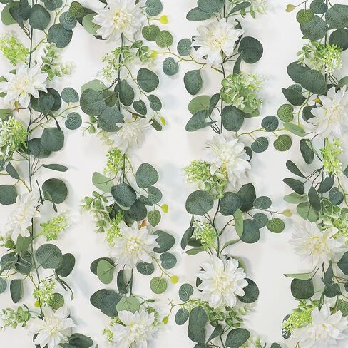 Dremisland Eucalyptus Garland with Flowers 2 Pack 12Ft Fake Flower Garland with White Dahlia Silk Floral Greenery Garland Wedding Decor Party Table Arch Garden Home Decoration (White, 2PCS) in Kuwait