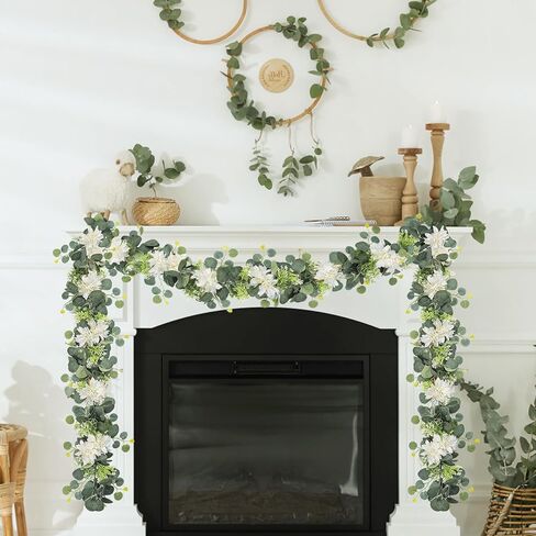Dremisland Eucalyptus Garland with Flowers 2 Pack 12Ft Fake Flower Garland with White Dahlia Silk Floral Greenery Garland Wedding Decor Party Table Arch Garden Home Decoration (White, 2PCS) in Kuwait
