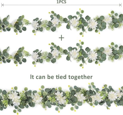 Dremisland Eucalyptus Garland with Flowers 2 Pack 12Ft Fake Flower Garland with White Dahlia Silk Floral Greenery Garland Wedding Decor Party Table Arch Garden Home Decoration (White, 2PCS) in Kuwait