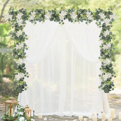 Dremisland Eucalyptus Garland with Flowers 2 Pack 12Ft Fake Flower Garland with White Dahlia Silk Floral Greenery Garland Wedding Decor Party Table Arch Garden Home Decoration (White, 2PCS) in Kuwait